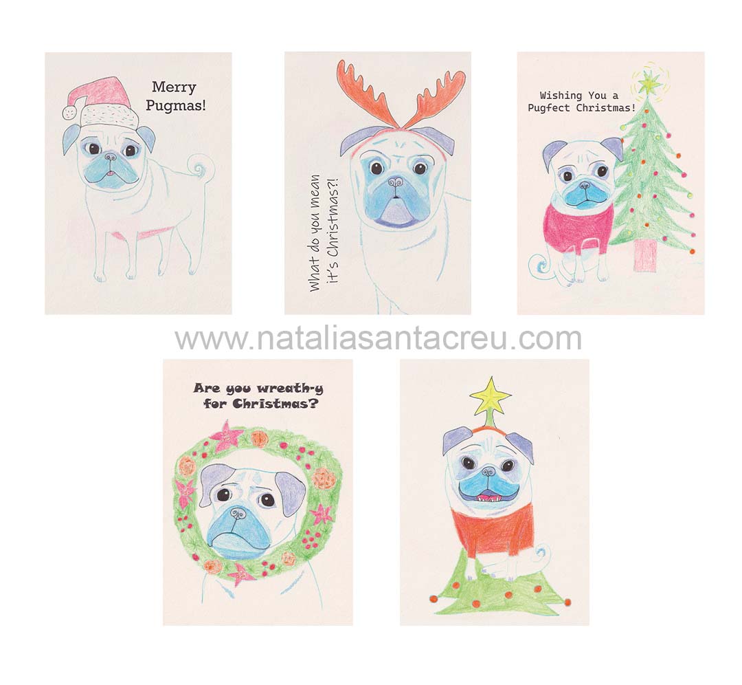Set of five Christmas-themed cards with pug illustrations and humorous text, featuring the artist's website.